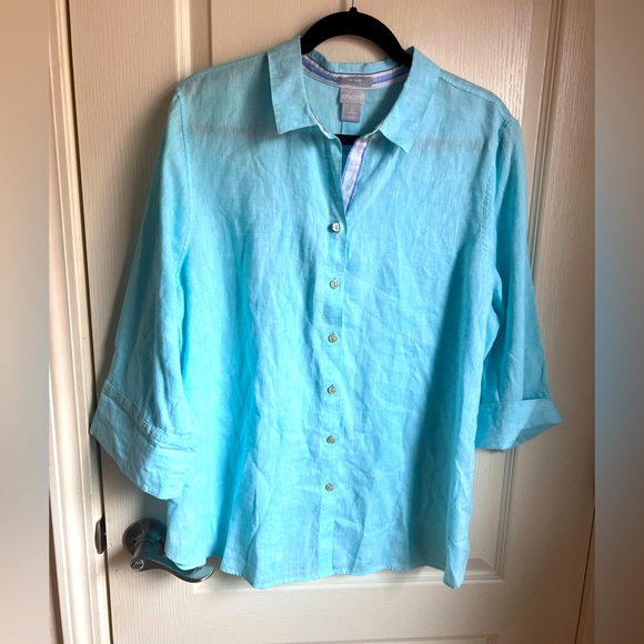 Chico's Tops - Chicos Size 3 Blue Linen 3/4 Sleeve Button Down Shirt